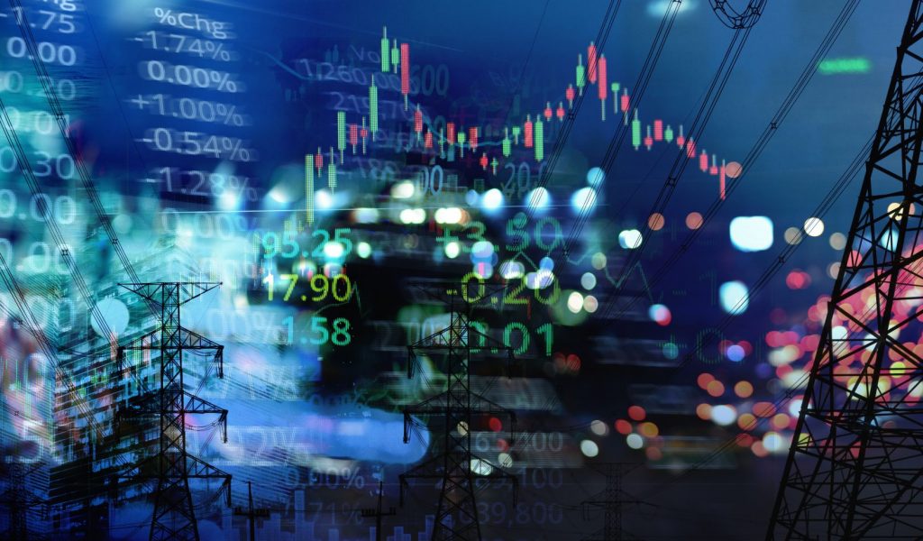 market stock graph and information with city light and electrici market stock graph and index information with city light and electricity and energy facility banner industry and business background